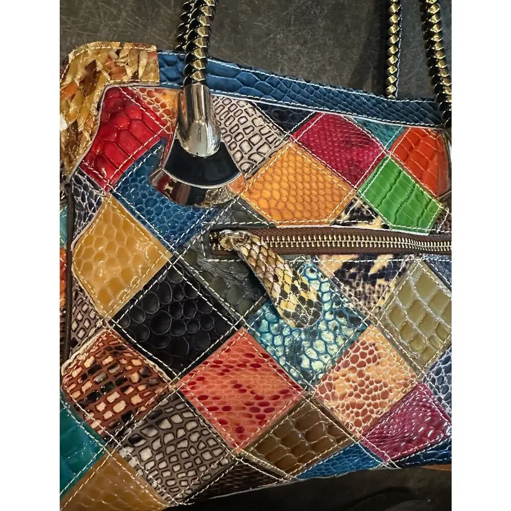 Vintage Leather Snake Blocks Patchwork Handbag Satchel Tote Shoulder Bag